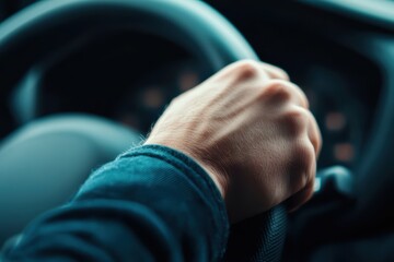 Close up of a mans hand gripping a steering wheel while driving a car, symbolizing control, travel, and modern transportation