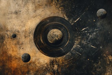 An abstract representation of the solar system with planets and rings, set against a cosmic background with dark tones and a mysterious atmosphere