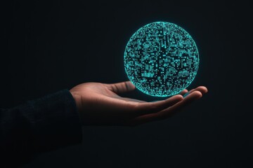 Human hand presenting a glowing sphere composed of digital data points, symbolizing global technology, innovation, and futuristic connections