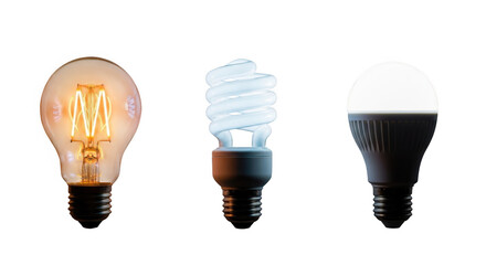 Three types of light bulbs traditional energy saving and led evolution of illumination transparent background black background