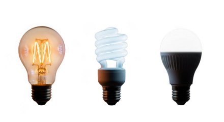 Three types of light bulbs traditional energy saving and led evolution of illumination transparent background black background