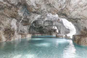 Cave with clear water and rock formations at midday in a natural setting