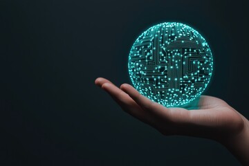 Hand holding a glowing spherical circuit board representing global communication, networking, data, innovation, and digital technology
