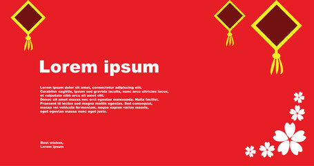 A vibrant red background template featuring traditional square lanterns with tassels and white cherry blossom flowers, with placeholder text.
