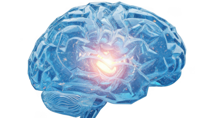 Vibrant abstract digital brain art glowing with inner light represents neural activity transparent background black background