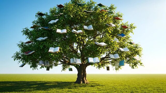 Lush green tree with countless open and closed books suspended in its foliage under blue sky