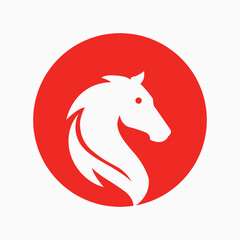 Obraz premium Stylized white horse head logo on a vibrant red circular background.
