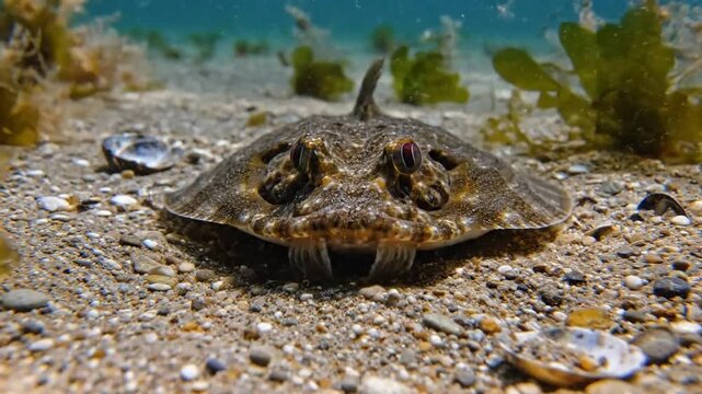 Close-up of a ray fish on the sandy ocean floor with distinctive eyes and camouflage