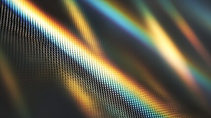Abstract light refraction on a metallic surface with rainbow prism glow, gold, blue tones, futuristic background