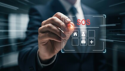 A businessman's hand interacting with a futuristic transparent screen displaying "SOS" and various icons, symbolizing digital assistance or emergency services.