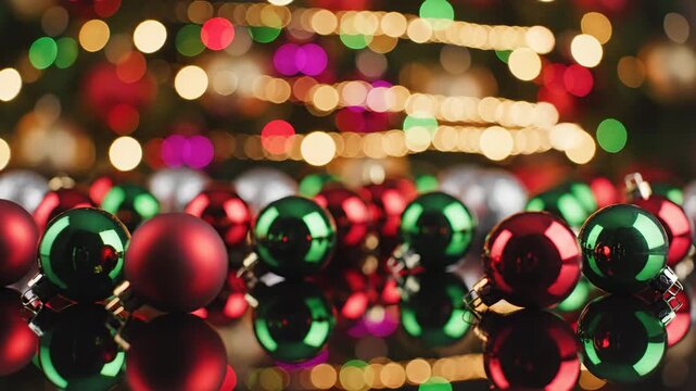 Abstract festive background loop showing blurry bokeh lights twinkling across a highly reflective dark tabletop scattered with metallic red and green round ornaments clean, vibrance, texture