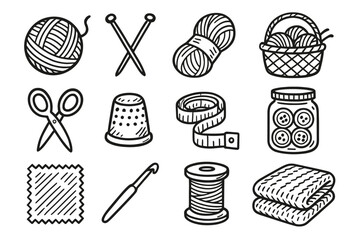 Yarn icon needles scissors spool vector blanket knitting tools fabric skein button