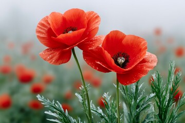 Fototapeta premium Red poppy flowers with water drops in a field