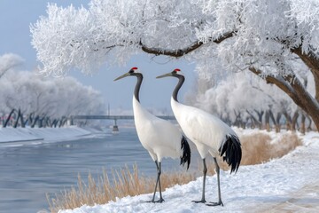 Fototapeta premium Two red-crowned cranes standing by frozen river