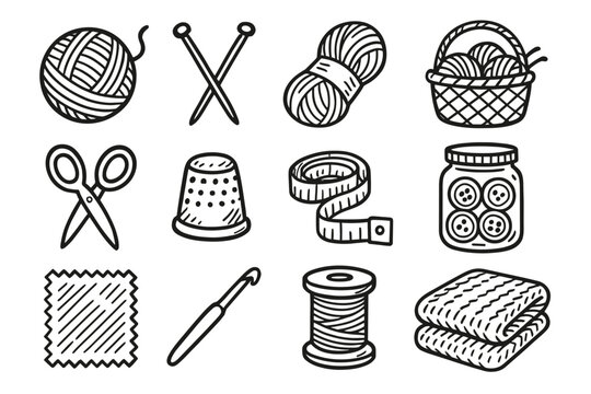 Yarn icon needles scissors spool vector blanket knitting tools fabric skein button