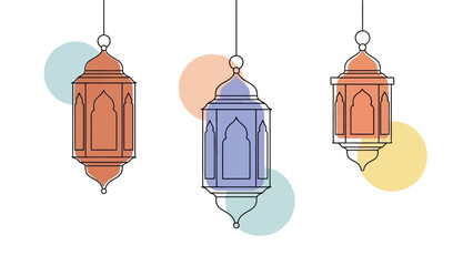 Three hanging Islamic lanterns with pastel geometric shapes. Flat vector line art illustration for Ramadan or Eid decoration isolated on white background © your picture