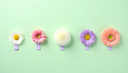 Row of Colorful Flowers on Mint Green Background