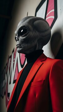 Alien in a Red Suit and Black Turtleneck, Futuristic Style