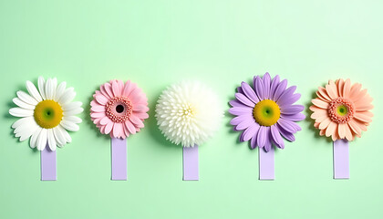 Row of Colorful Flowers on Mint Green Background