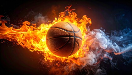 Fototapeta premium An image of a basketball engulfed in orange flames and smoke