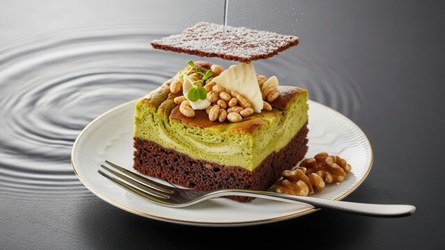Artistic matcha green tea layered dessert square with chocolate base, topped with pine nuts and a chocolate shard, set against a dark background with water ripple effect