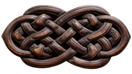 Hand carved wooden celtic knot pattern depicting an intricate interwoven infinity symbol, ancient ethnic decor element, transparent background