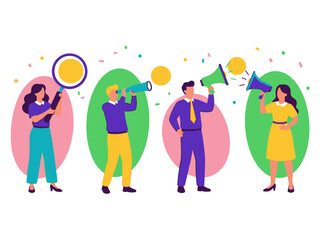 Fototapeta premium A colorful illustration of people holding megaphones and a megaphone with confetti around them in a celebratory scene