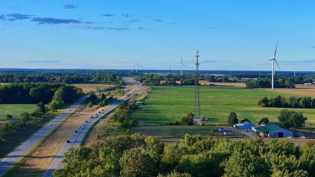 Mid Michigan wind farm, near Ithaca, Michigan, USA on US 127 highway, aerial view