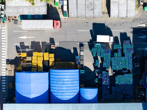 Aerial View of Active Warehouse Transport Operations
