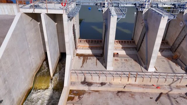 Concrete Spillway Gates under Construction at Rebuilt Dam in Midland, Michigan, USA, Aerial View