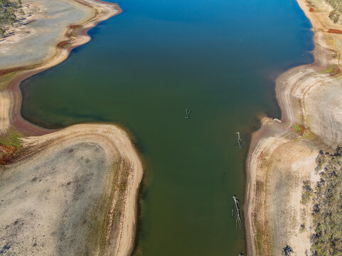 Dead trees and silt deposit around the shoreline of a drying reservoir