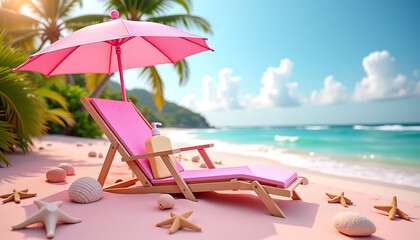 Summer Sunscreen Bottles on Pink Tropical Beach