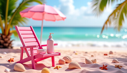 Summer Sunscreen Bottles on Pink Tropical Beach