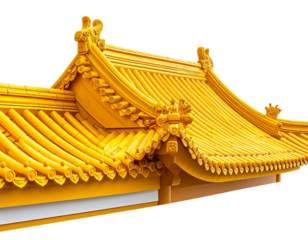 Golden Yellow Imperial Chinese Roof, Side View Silhouette, Minimalist Architectural Concept, Isolated on White Background