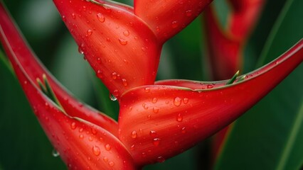 Red and orange flowers with water droplets on petals, green leaves in the background.