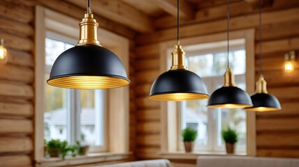 Obraz premium Industrial pendant lights hanging in rustic wooden interior