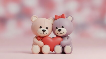 Stylized 3D Teddy Bear Couple Sitting Close Together with Heart-Shaped Cushion Between Them, Pastel Valentine Color Palette