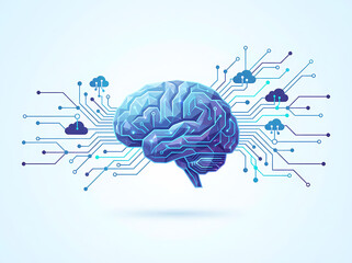 Digital brain with intricate circuit board patterns and cloud computing connections, illustrating artificial intelligence and technology concepts.