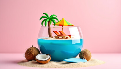 Tropical Coconut Cocktail and Mini Beach on Pastel Background