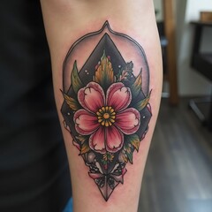 Flower Tattoo on Arm with Geometric Black and Pink Design