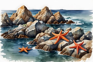 Marine wildlife like crabs or starfish among rocks
