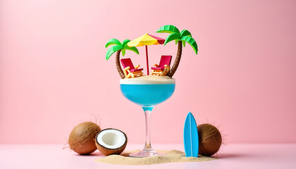 Tropical Coconut Cocktail and Mini Beach on Pastel Background