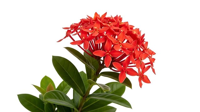 Vibrant Red Ixora Coccinea Flower Cluster with Glossy Green Leaves Isolated on White Background