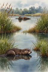 Otters peeking through reeds at the water's edge