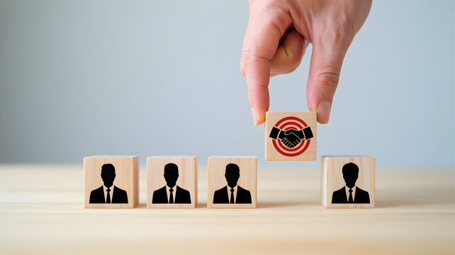 Strategic human resources management hand selecting the ideal candidate block with a handshake icon, representing successful talent acquisition and partnership for business growth - Powered by Adobe