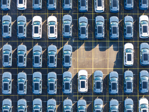 Aerial View Car Dealership Parking Lot Inventory