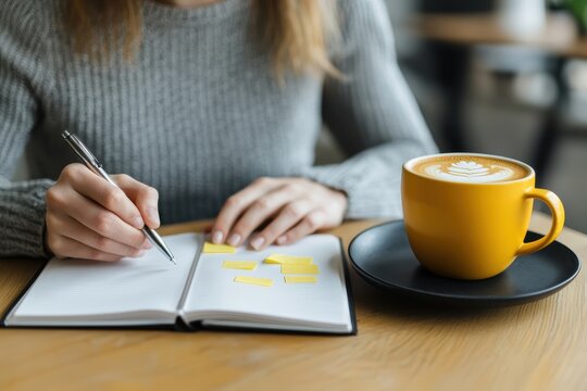 Woman writing in a notebook and planning her schedule over a latte at a cozy cafe, focused on organization and daily productivity
