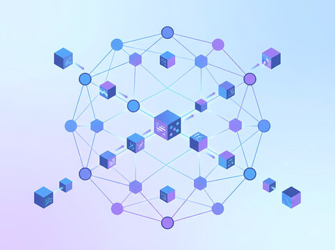 An abstract digital illustration depicting a complex blockchain network with interconnected nodes and data blocks, symbolizing distributed ledger technology and secure data transfer. - Powered by Adobe