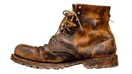 Worn brown leather work boot isolated on transparent background symbolizing hard work and durability