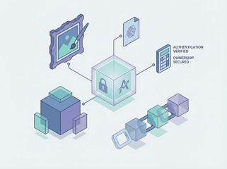 An isometric illustration showing blockchain technology securing digital assets, verifying authentication, and ensuring ownership of art and documents.
